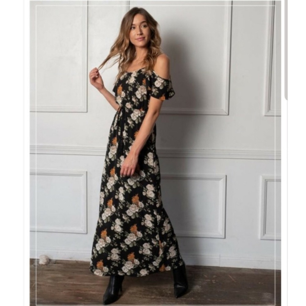 Black floral off the shoulder maxi dress
